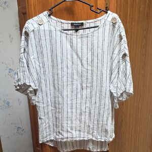 Ellen Tracy White Vertical-Stripe Button-Shoulder Blouse